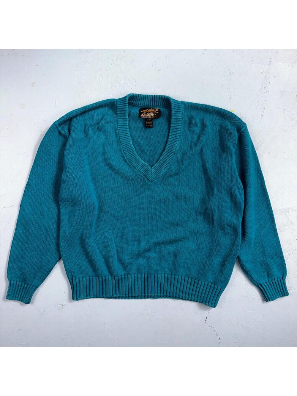 Vintage Eddie Bauer Sweater Mens Large Teal V Neck Pullover Cotton Casual Adult